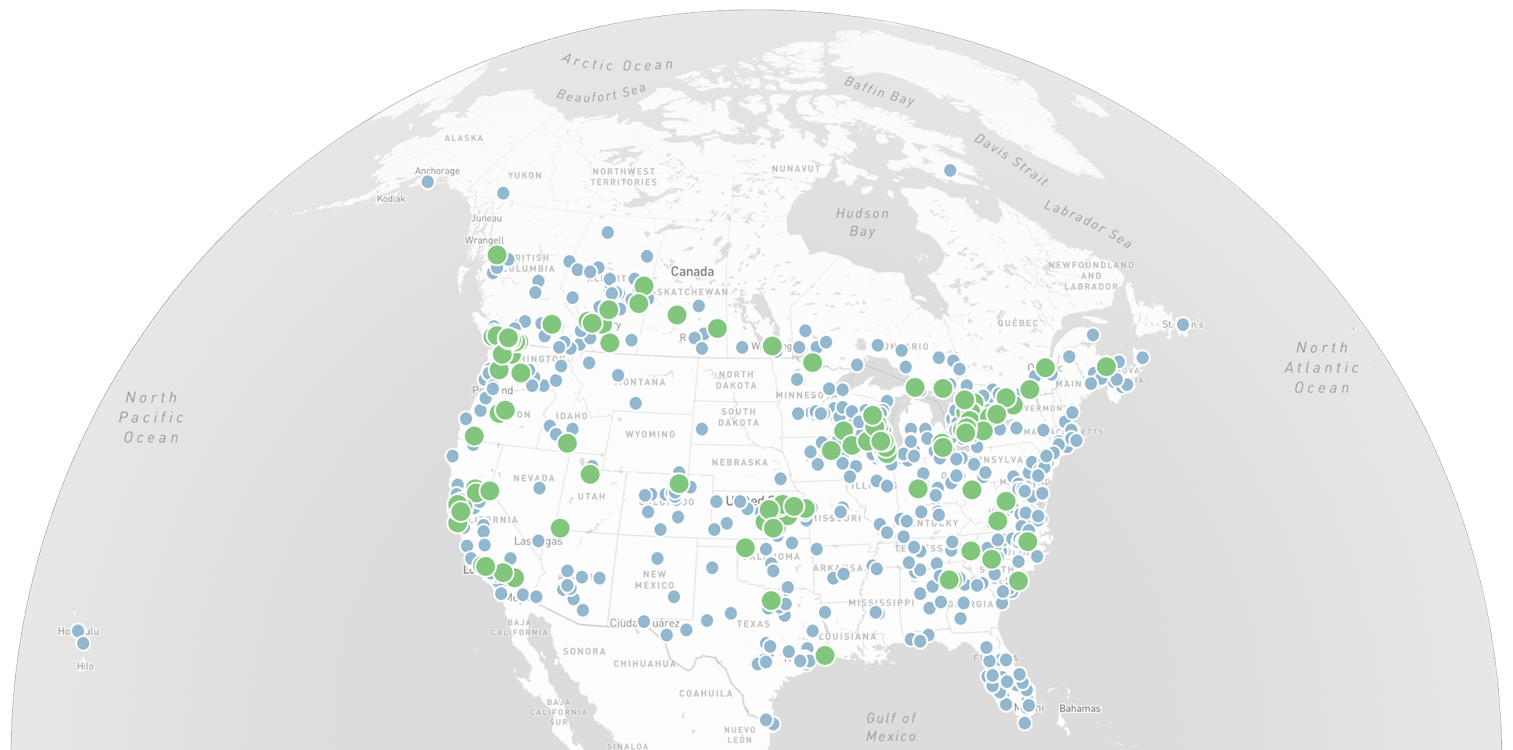 Map showing GovAI deployments and agencies across North America